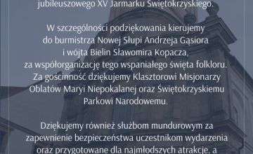 Podziękowania zaangażowanym w organizację jubileuszowego XV Jarmarku Świętokrzyskiego